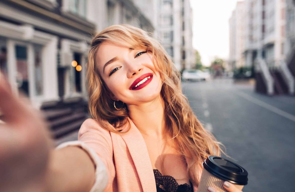 Closeup,Selfie-portrait,Pretty,Blonde,Girl,On,Street,In,City.,She